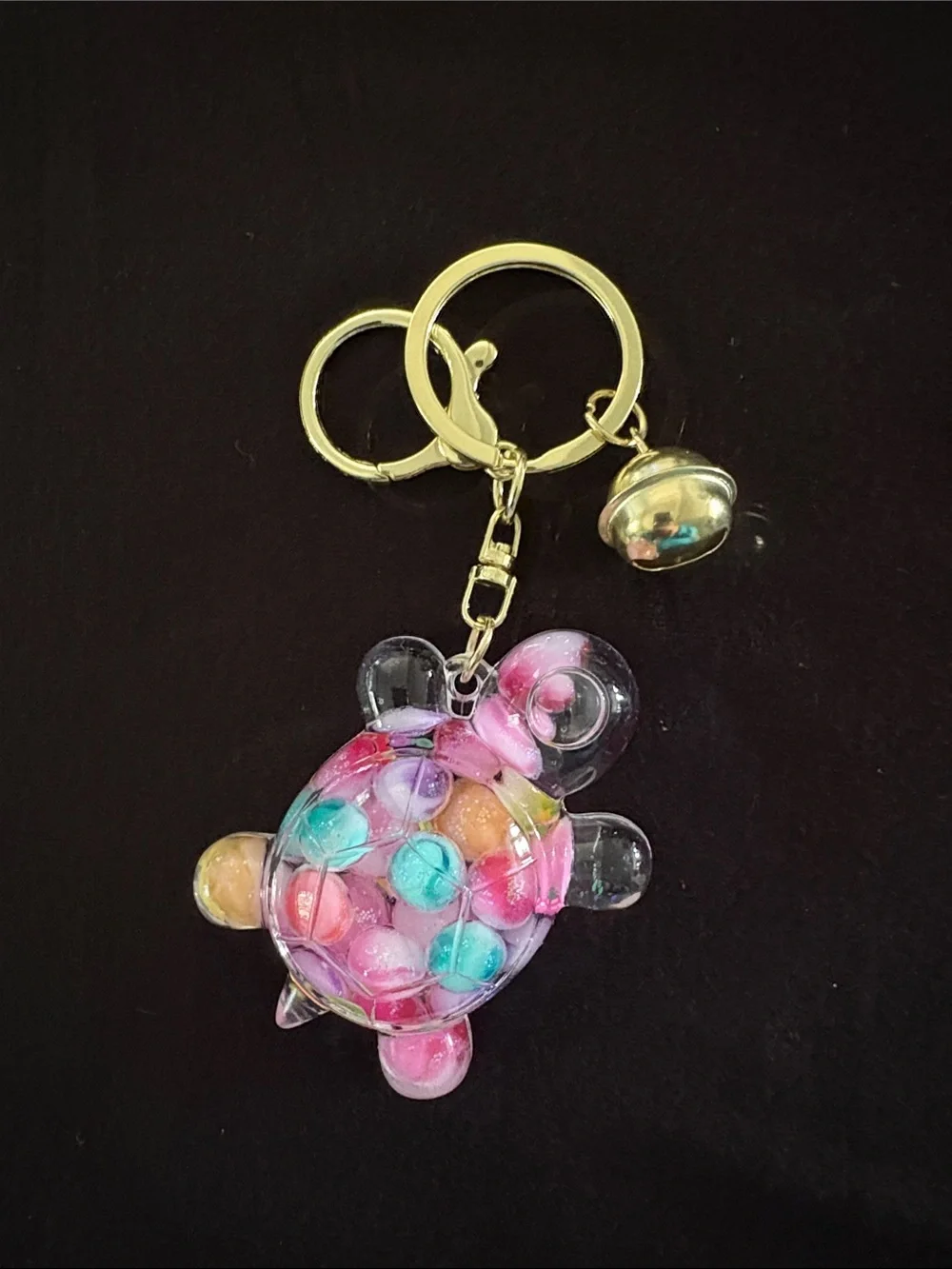Colorful Turtle Water Filled Bag Charm Keychain with Gold Ring and Bell